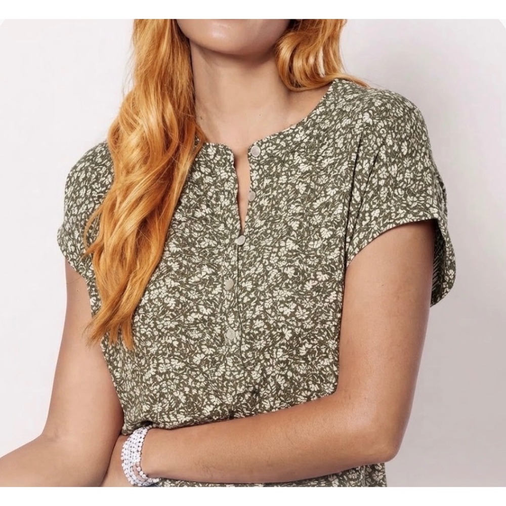 Faherty Dream Cotton Gauze Desmond Top Olive Floral Organic Cotton Small